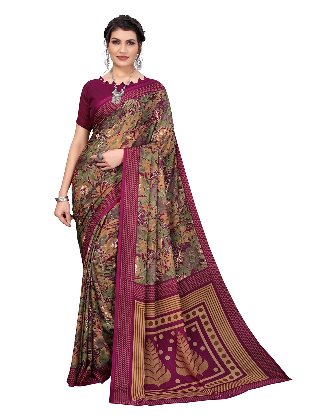 

Yashika Burgundy & Green Floral Printed Saree