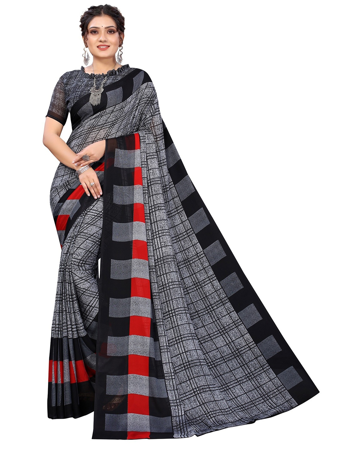 

Yashika Black & Red Checked Georgette Saree