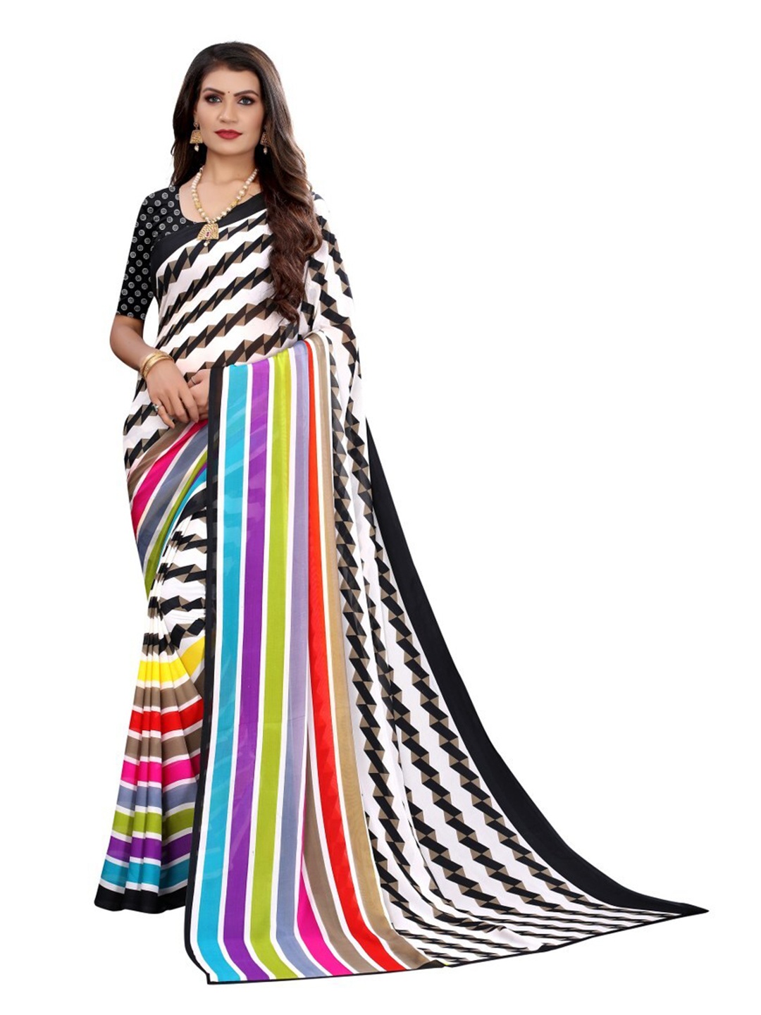 

Yashika White & Red Striped Printed Poly-Georgette Saree