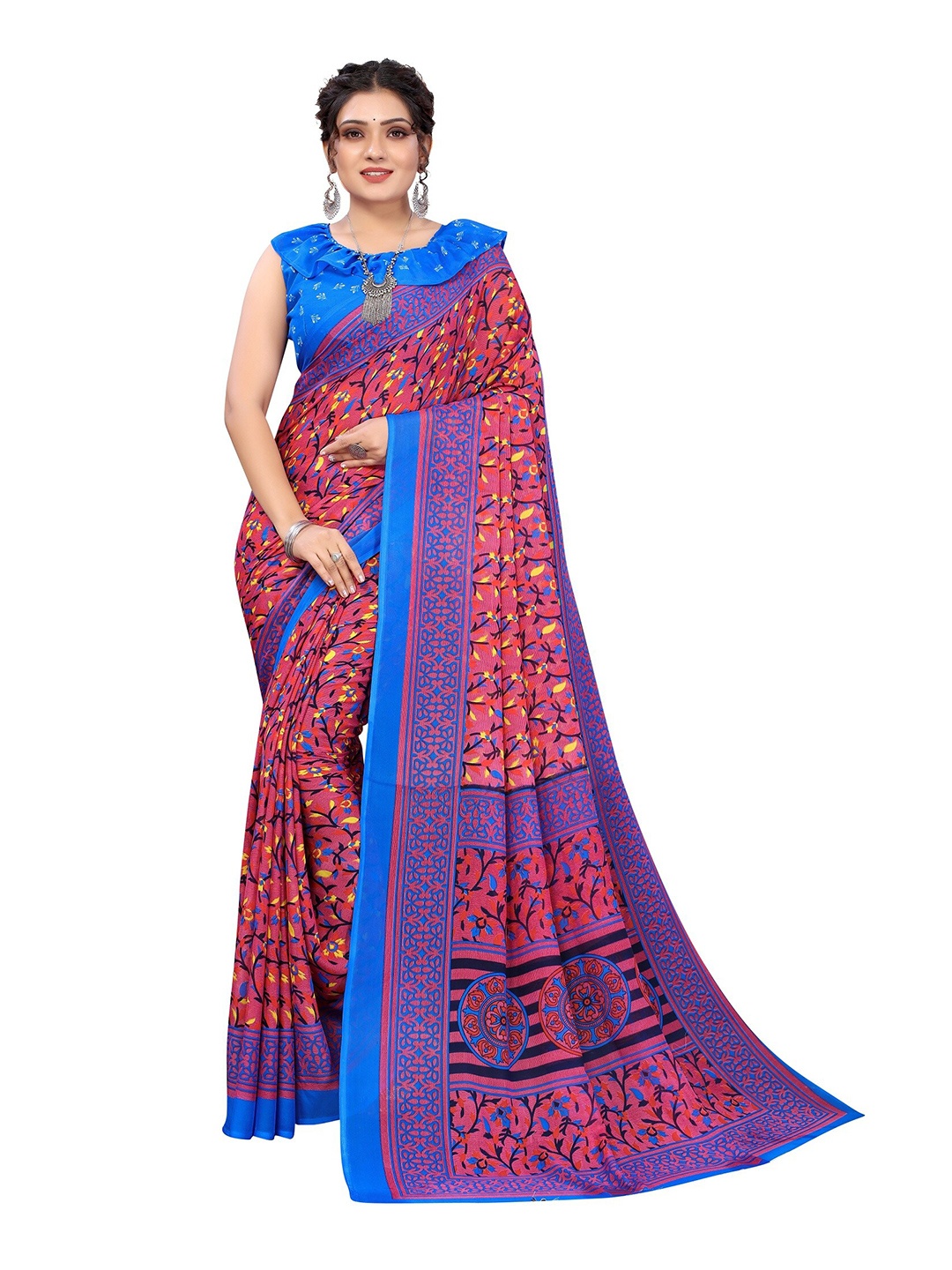 

Yashika Pink & Blue Floral Printed Saree