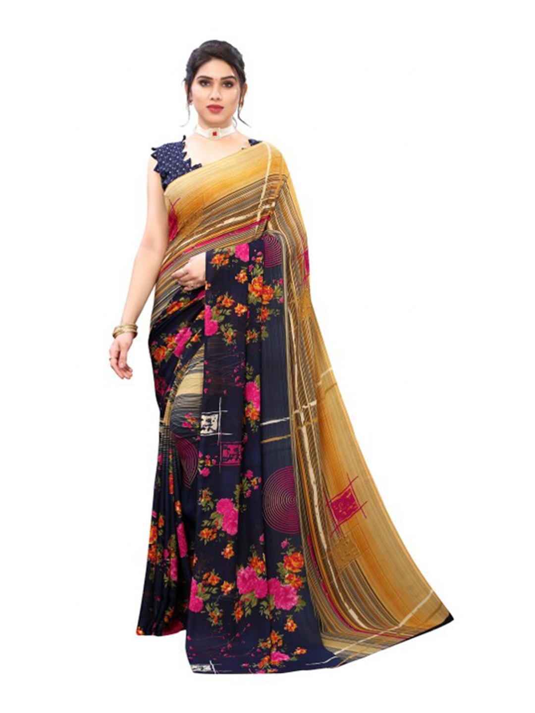 

Yashika Blue & Camel Brown Floral Saree