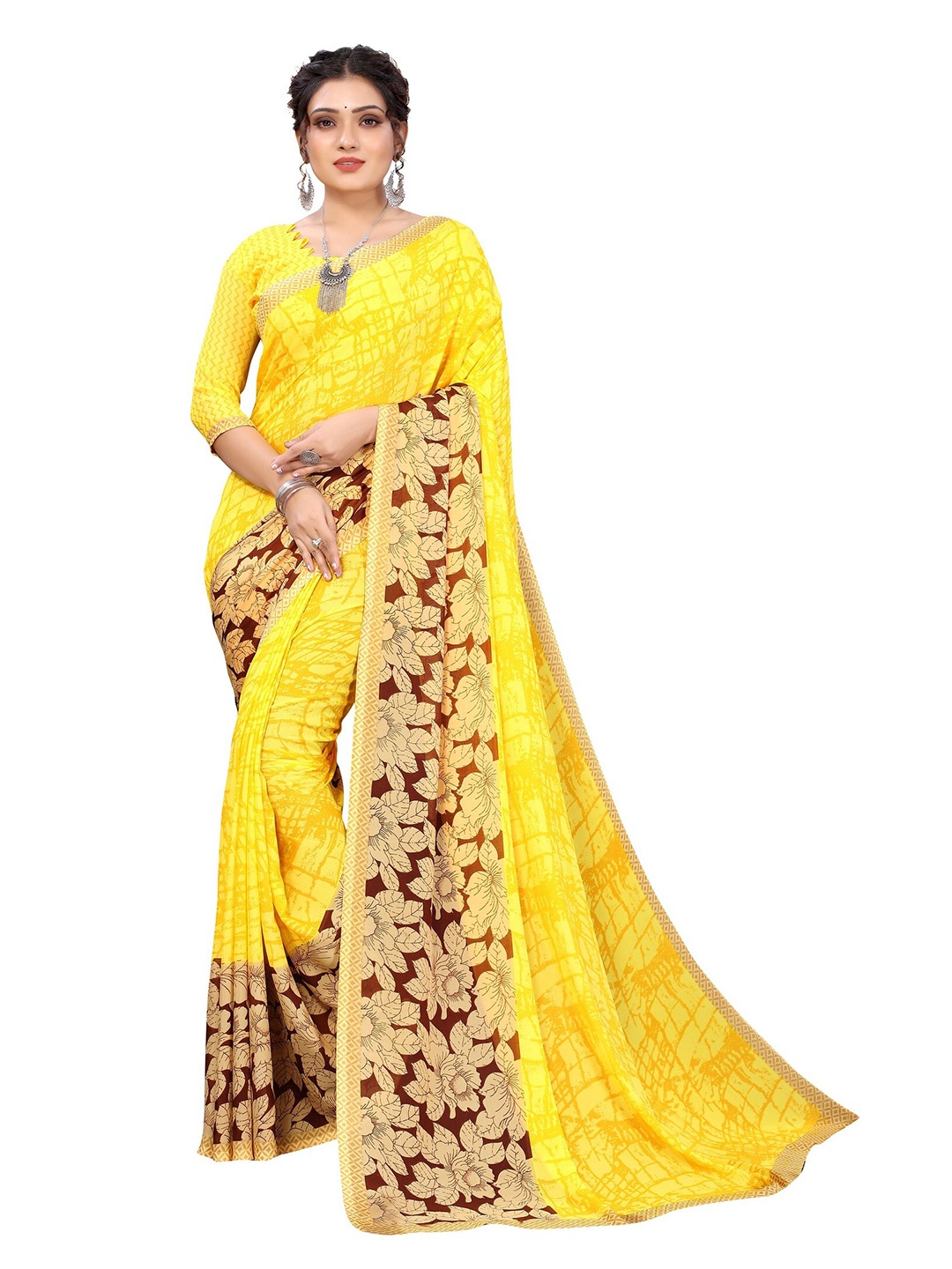 

Yashika Yellow & Brown Floral Saree