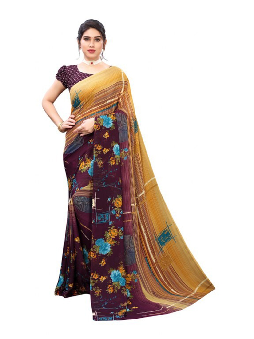 

Yashika Mustard & Brown Floral Saree