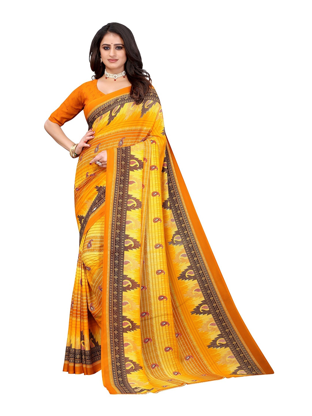 

Yashika Yellow & Brown Ethnic Motifs Printed Saree
