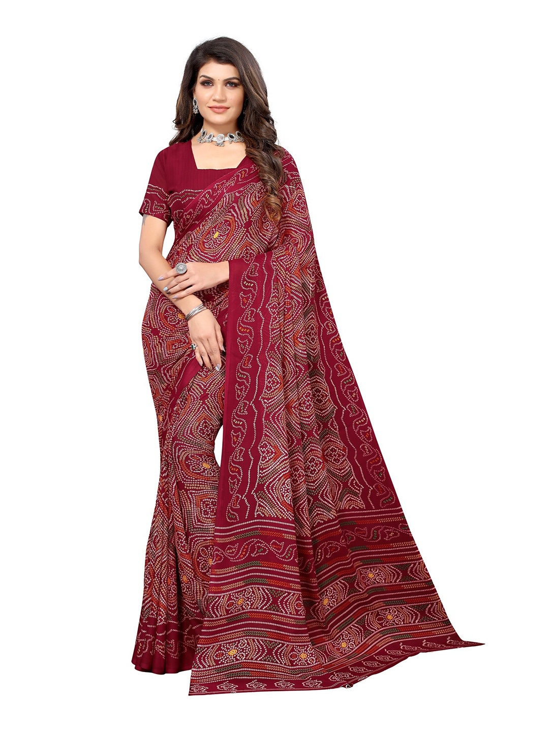 

Yashika Red & White Floral Georgette Saree