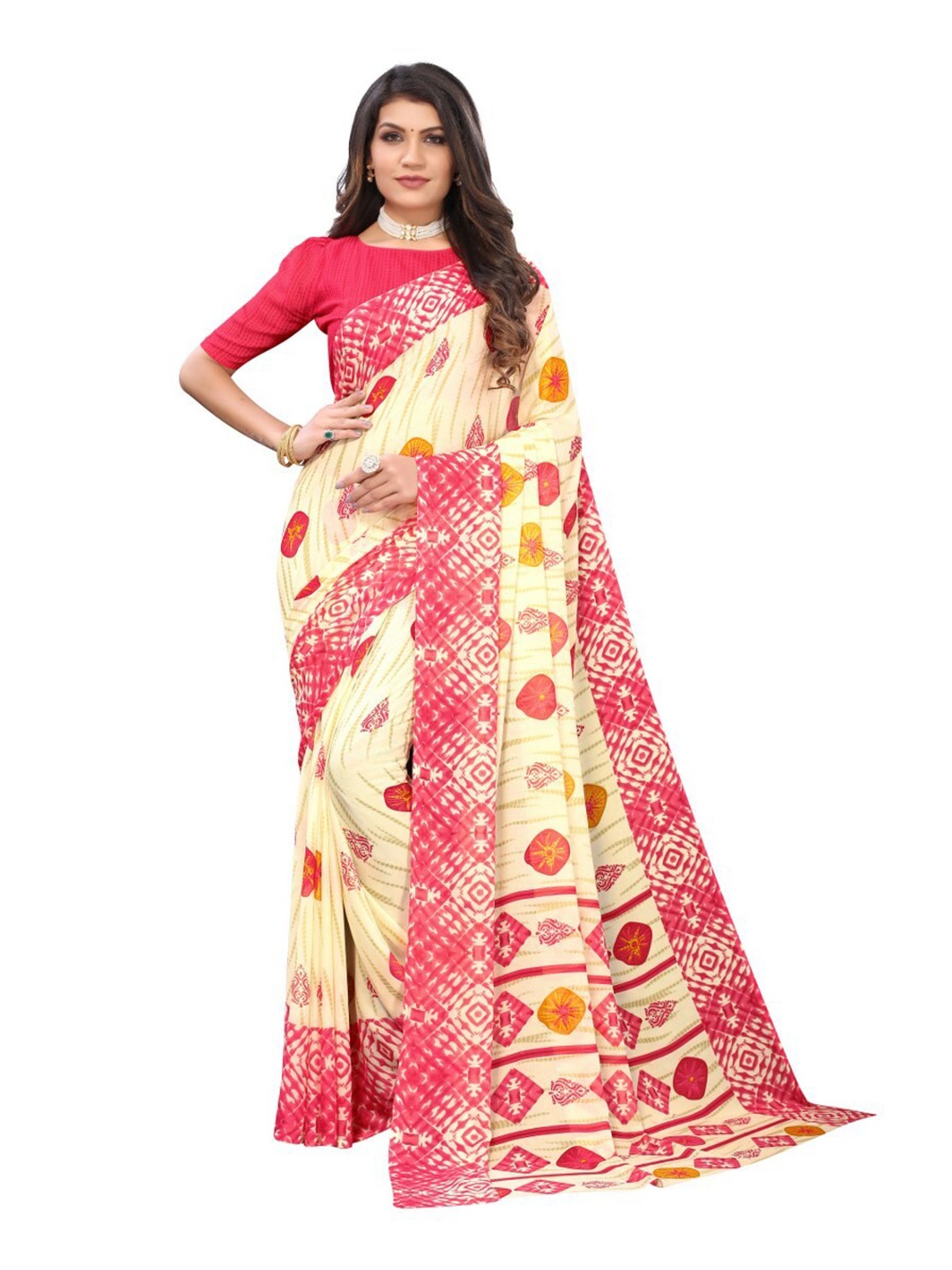 

Yashika Red & Yellow Printed Poly-Georgette Saree