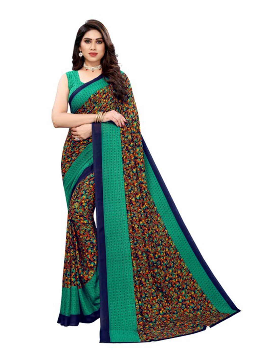 

Yashika Green & Blue Floral Printed Saree