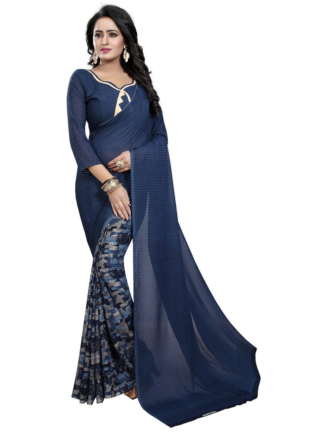 

Yashika Navy Blue & Grey Floral Georgette Saree