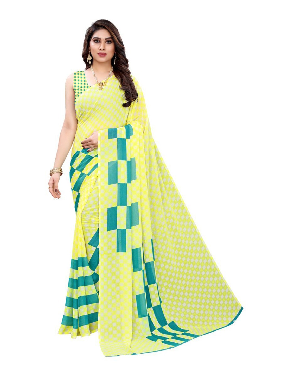 

Yashika Yellow & Green Geometric Printed Saree