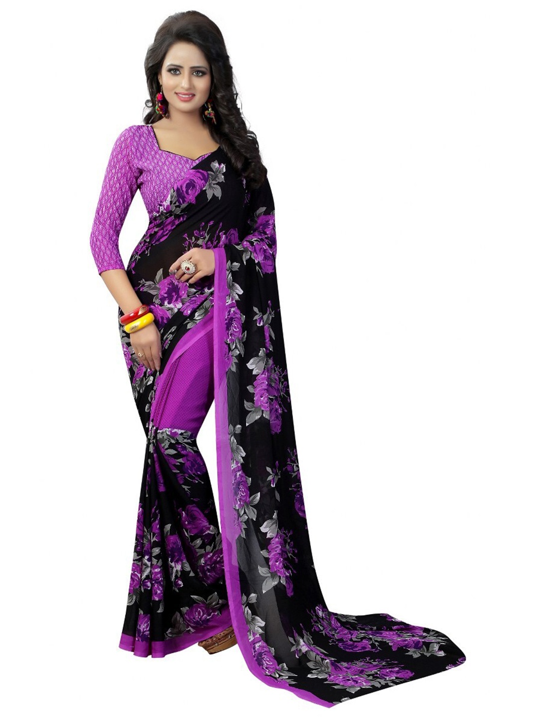 

Yashika Violet & Black Floral Saree