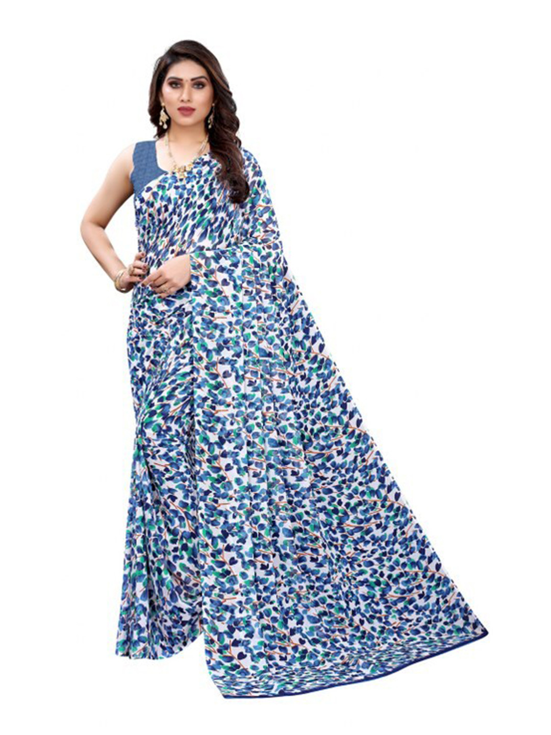 

Yashika White & Blue Floral Printed Saree