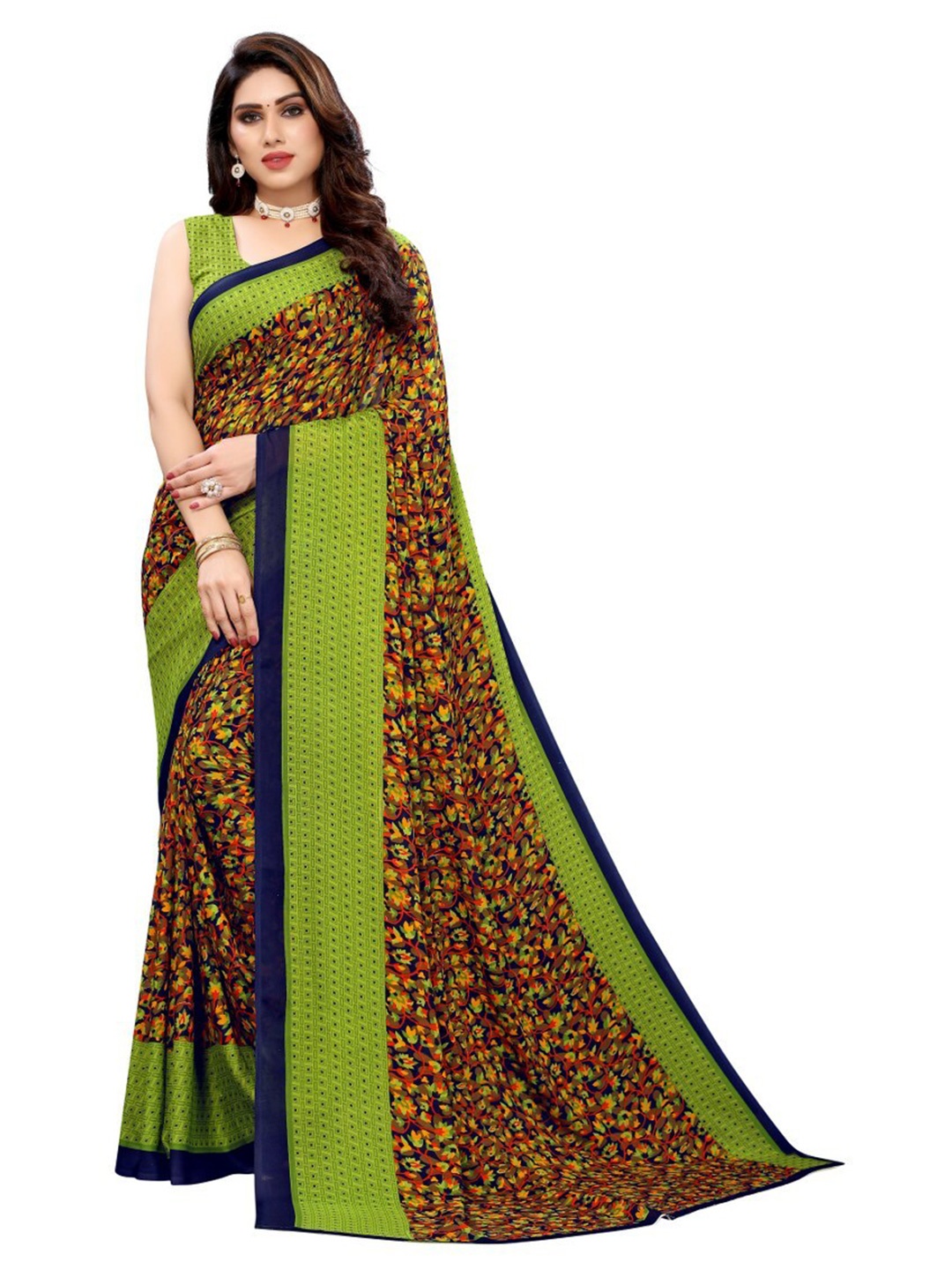

Yashika Green & Navy Blue Floral Georgette Saree