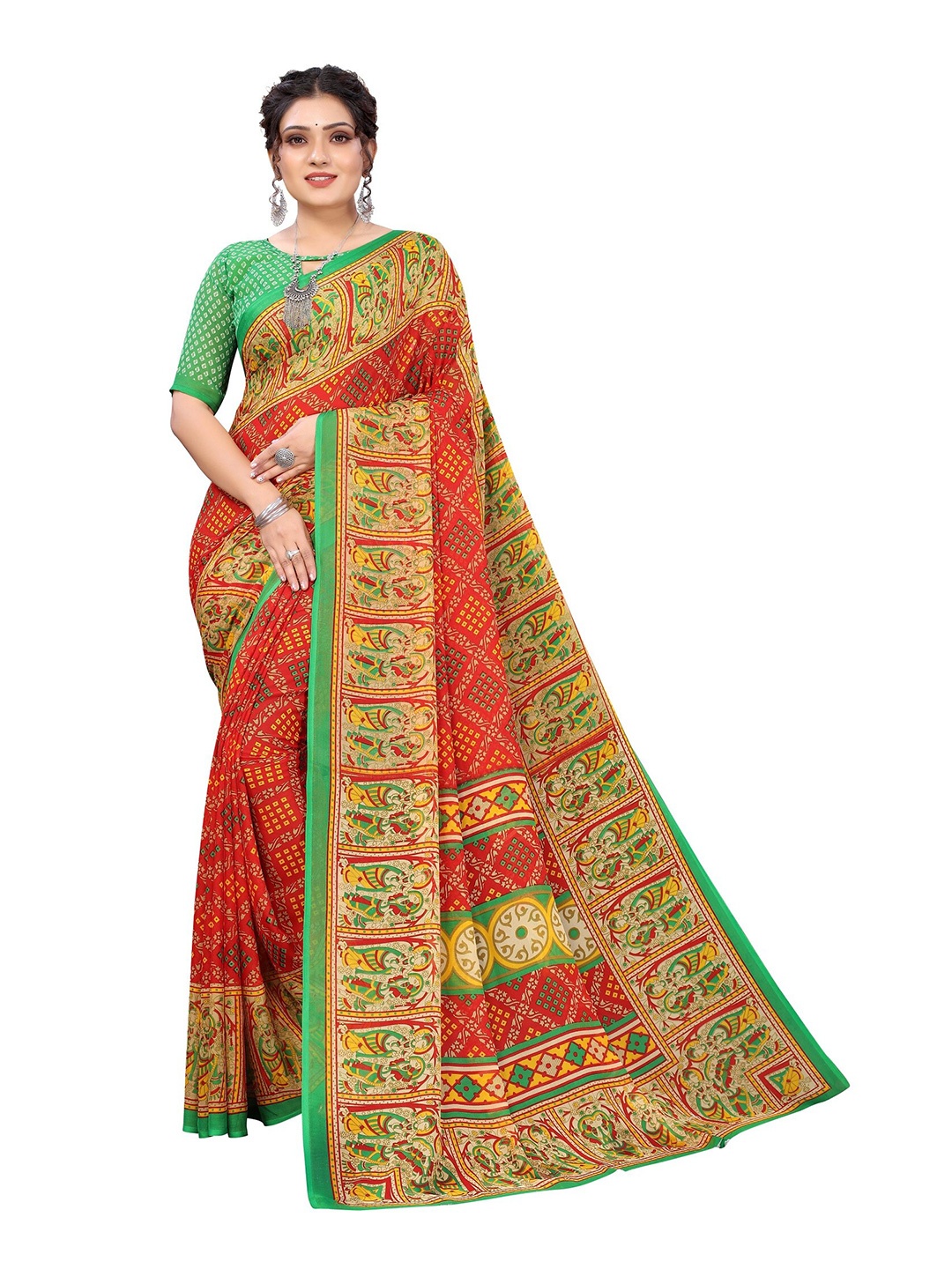 

Yashika Red & Green Ethnic Motifs Printed Saree