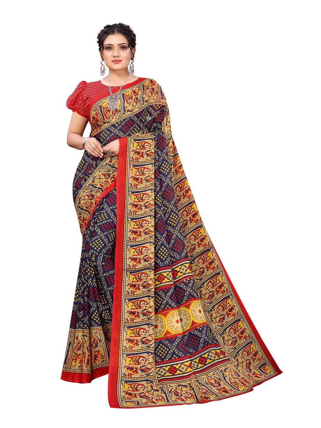 

Yashika Navy Blue & Red Bandhani Printed Saree