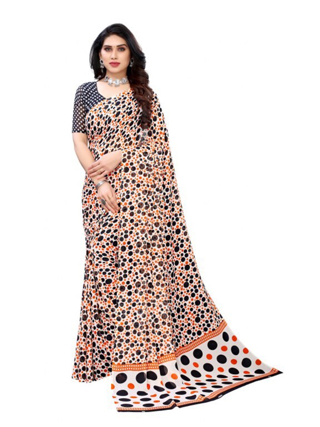 

Yashika Orange & Black Geometric Printed Saree