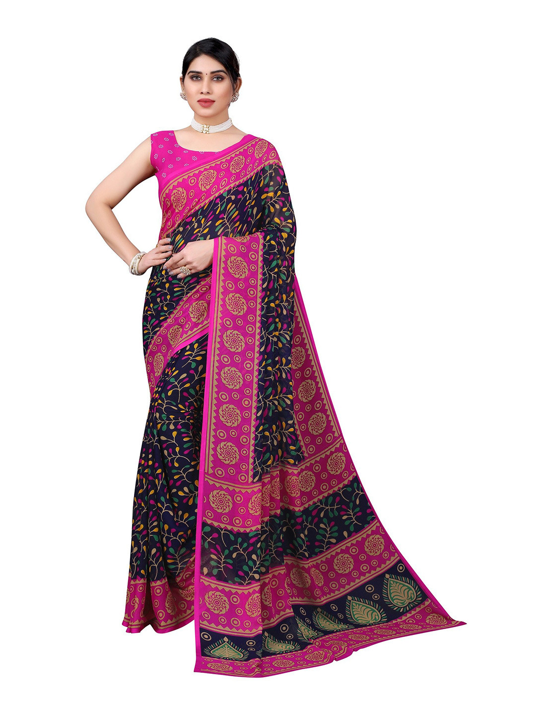 

Yashika Navy Blue & Pink Floral Saree