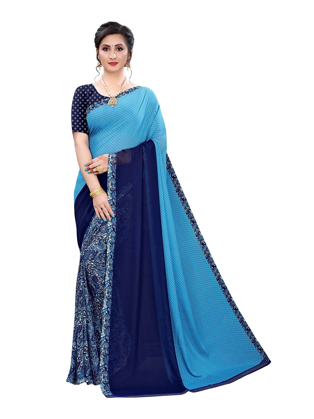 

Yashika Turquoise Blue & Navy Blue Abstract Printed Half and Half Saree