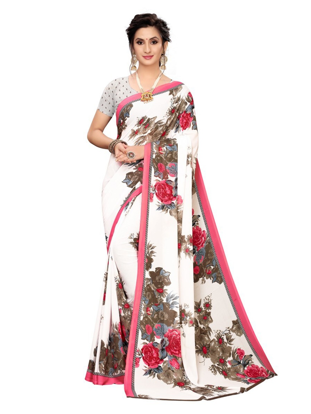 

Yashika White & Pink Floral Printed Saree