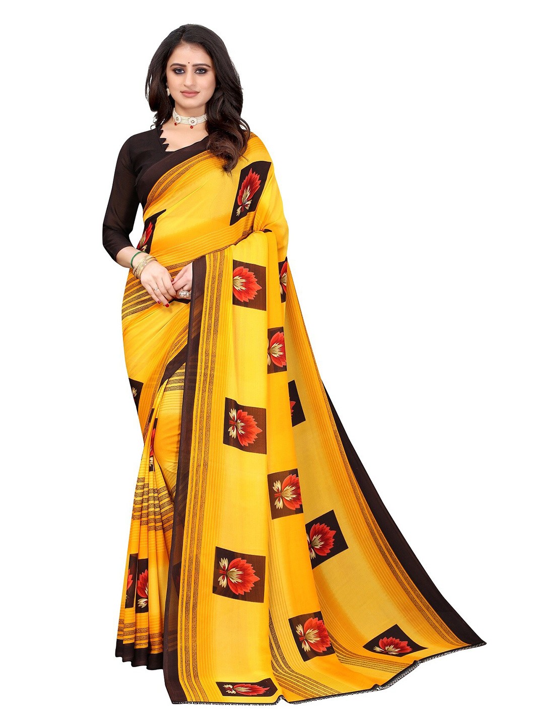 

Yashika Yellow & Brown Floral Saree