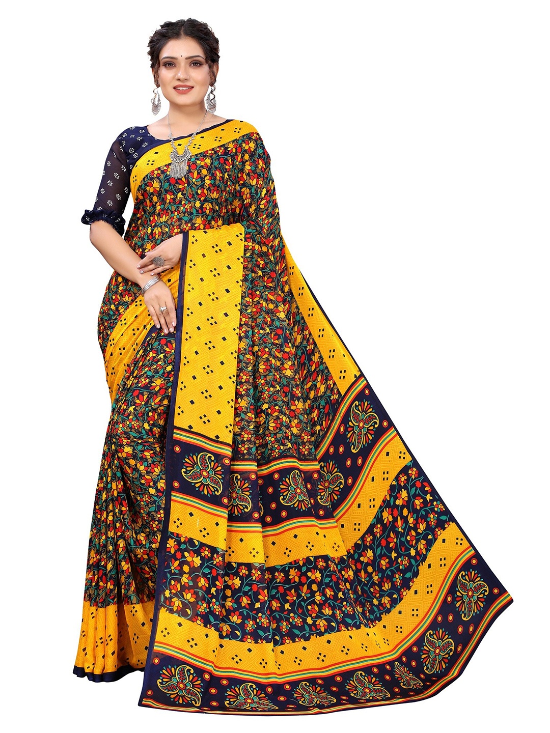 

Yashika Yellow & Orange Floral Saree