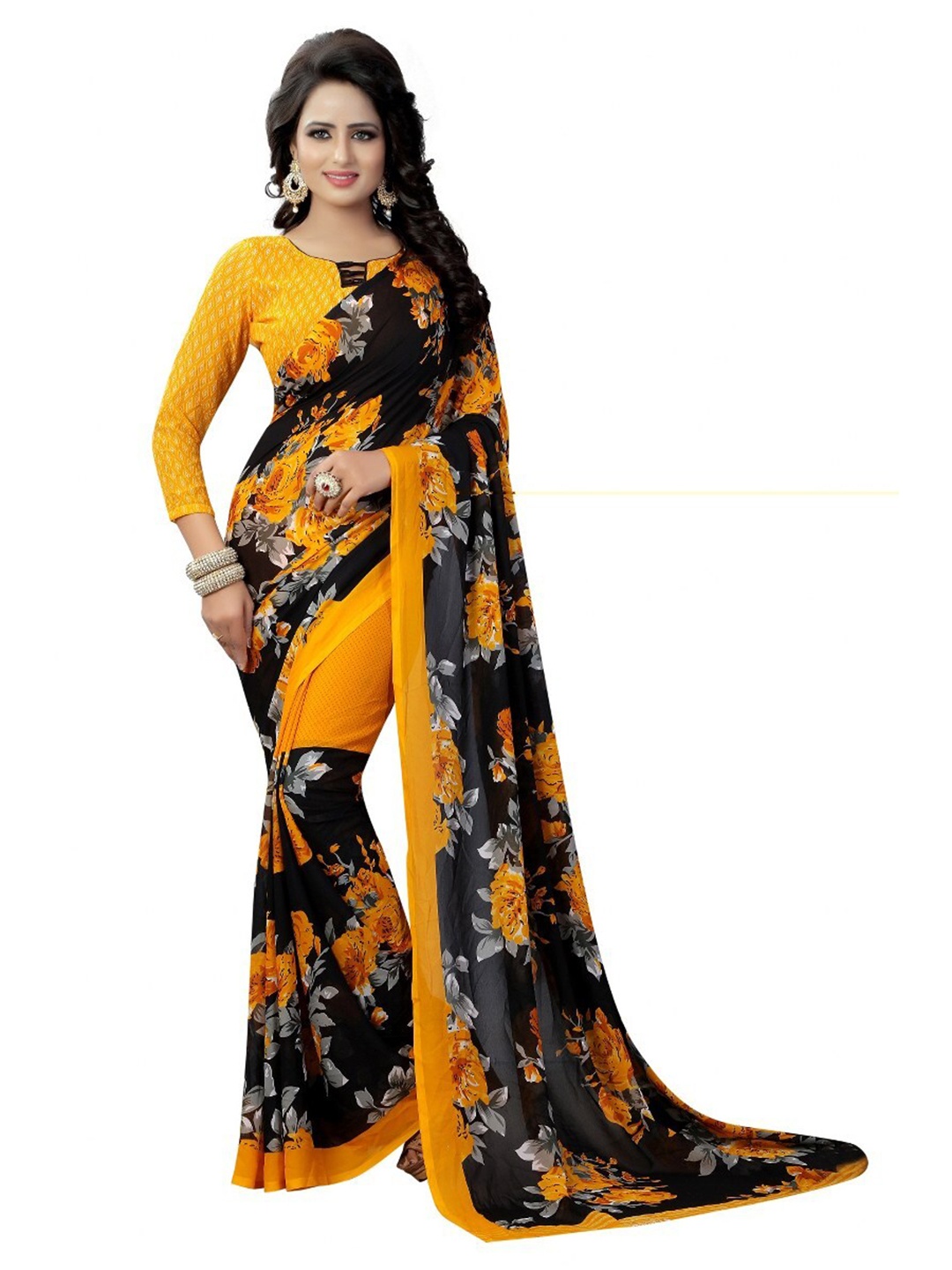 

Yashika Yellow & Black Floral Printed Saree