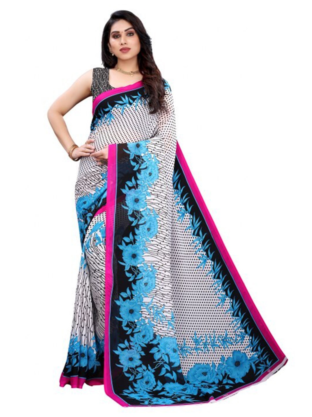 

Yashika White & Blue Floral Saree