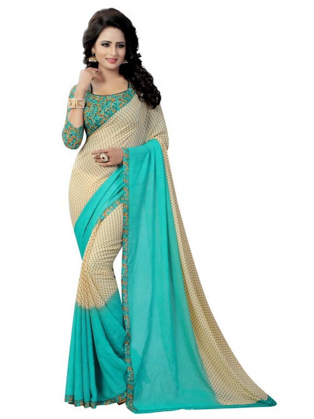 

Yashika Sea Green & Beige Floral Saree
