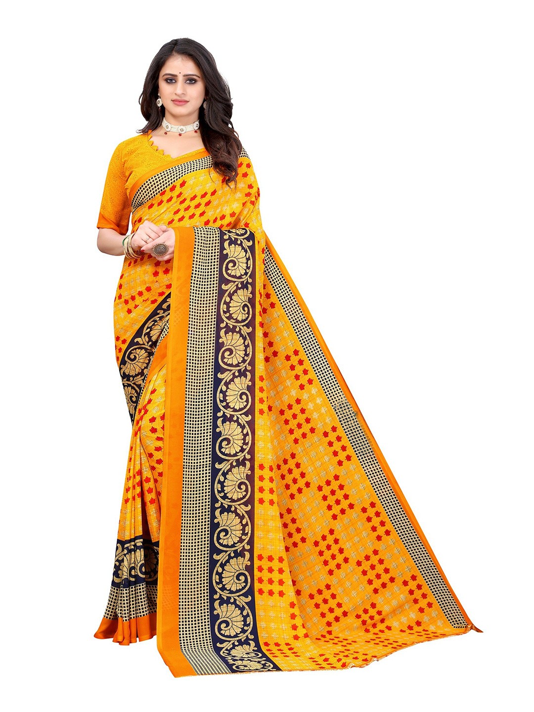 

Yashika Yellow & Red Geometric Printed Saree