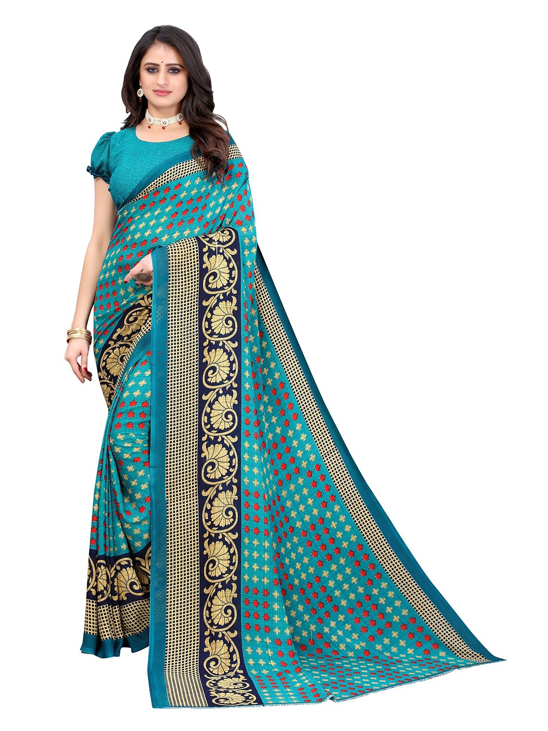 

Yashika Turquoise Blue & Beige Floral Saree