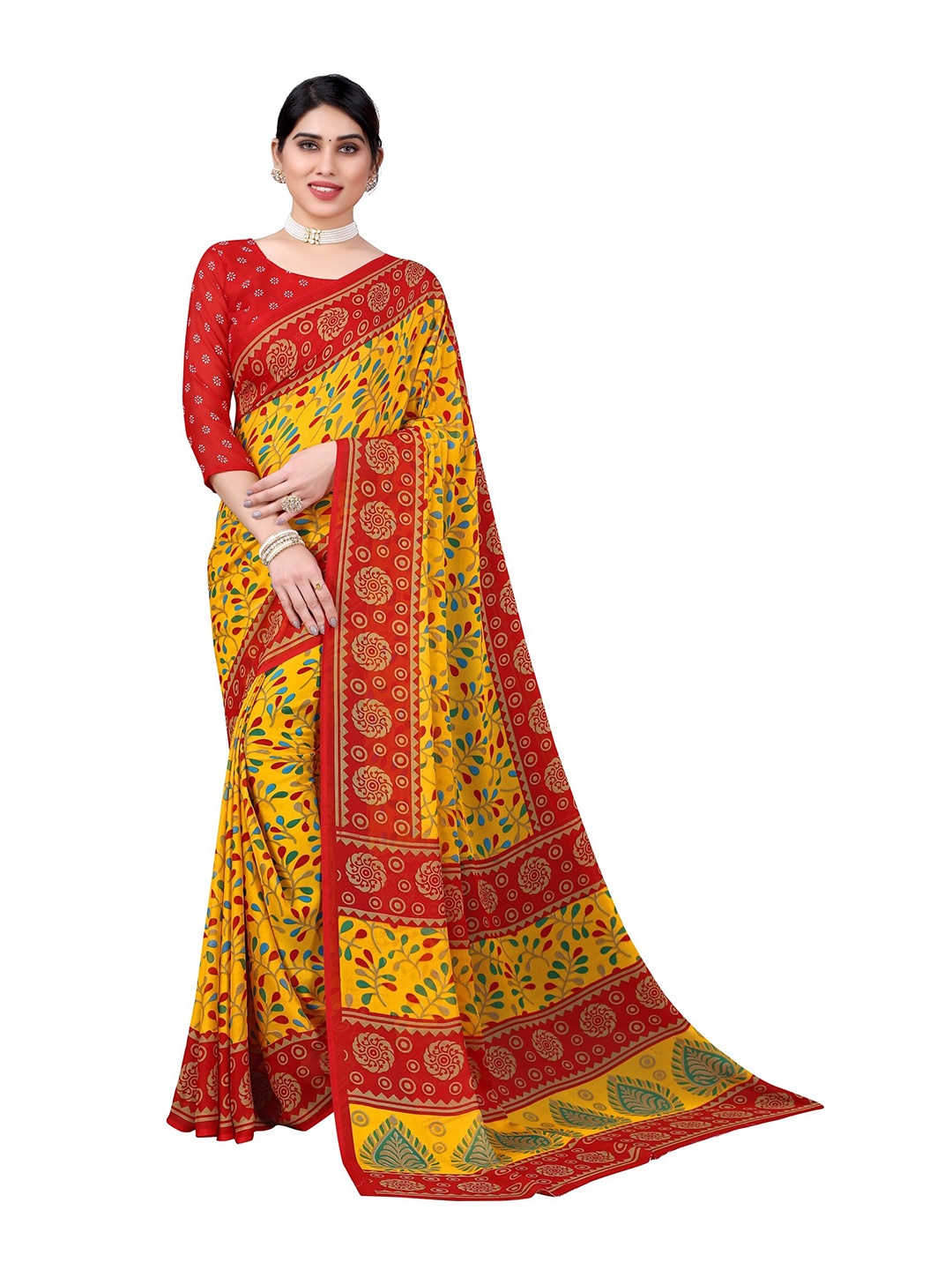 

Yashika Yellow & Red Floral Georgette Saree