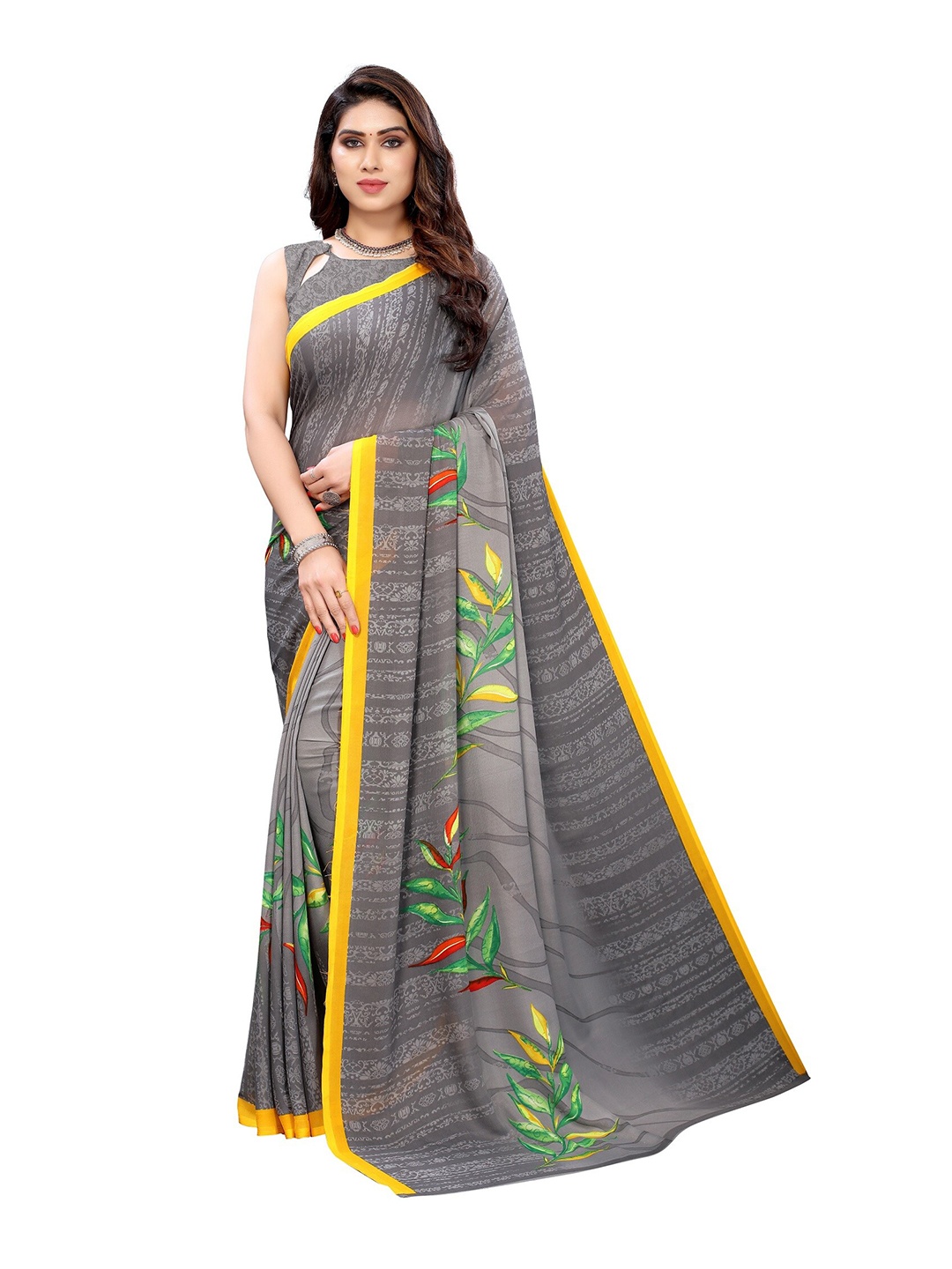 

Yashika Grey & Yellow Floral Saree