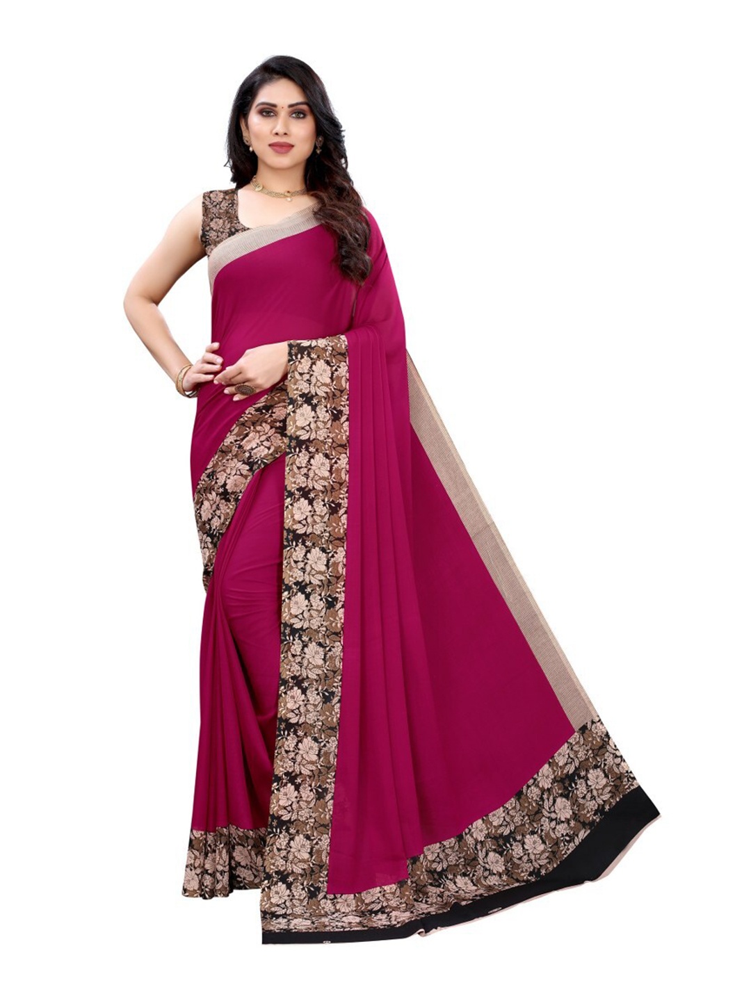 

Yashika Pink & Beige Floral Georgette Saree