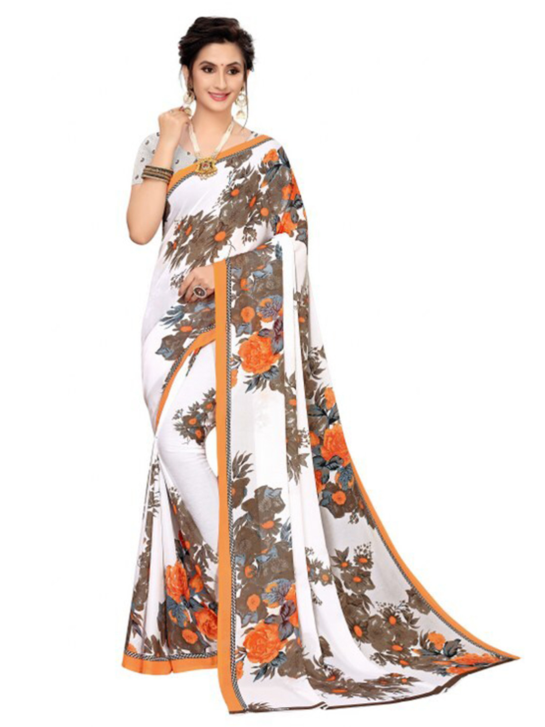 

Yashika Orange & White Floral Georgette Saree