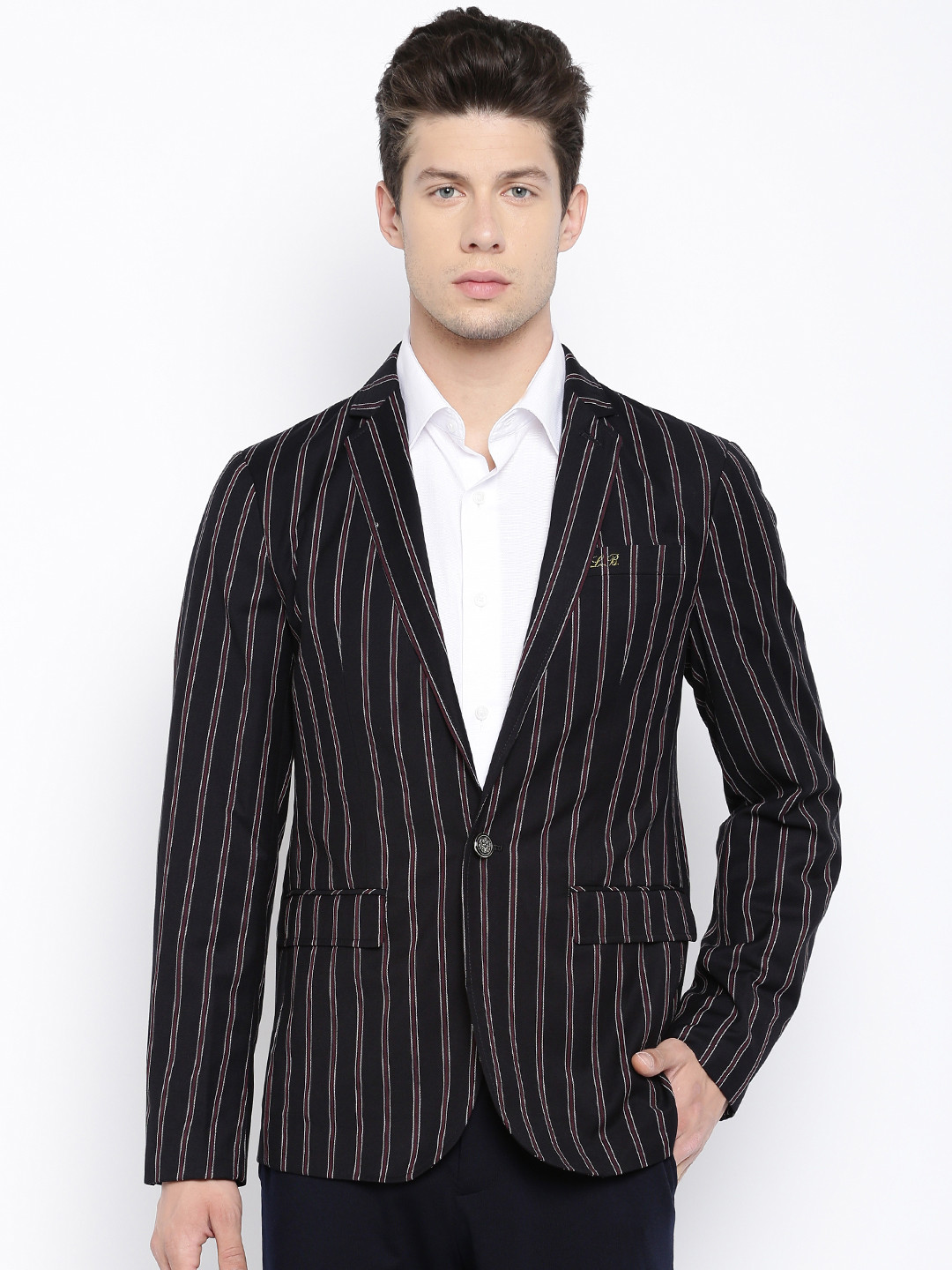 

Jack & Jones Black & Maroon Striped Single-Breasted Casual Blazer