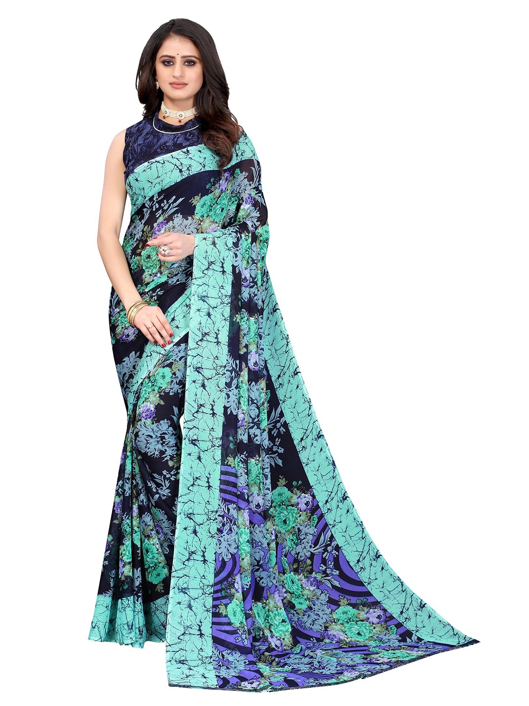 

Yashika Blue & Sea Green Floral Printed Saree