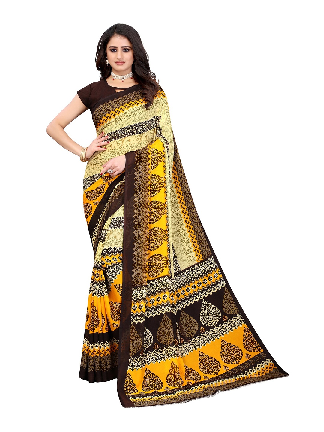 

Yashika Yellow & Brown Ethnic Motifs Georgette Saree