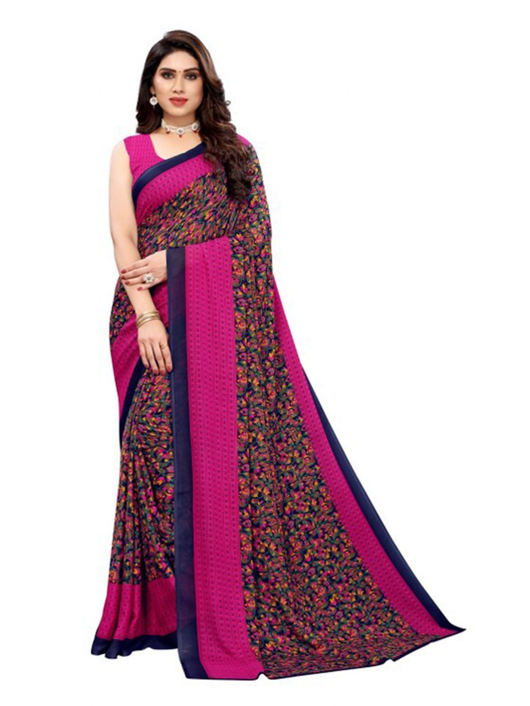 

Yashika Navy Blue & Pink Floral Saree