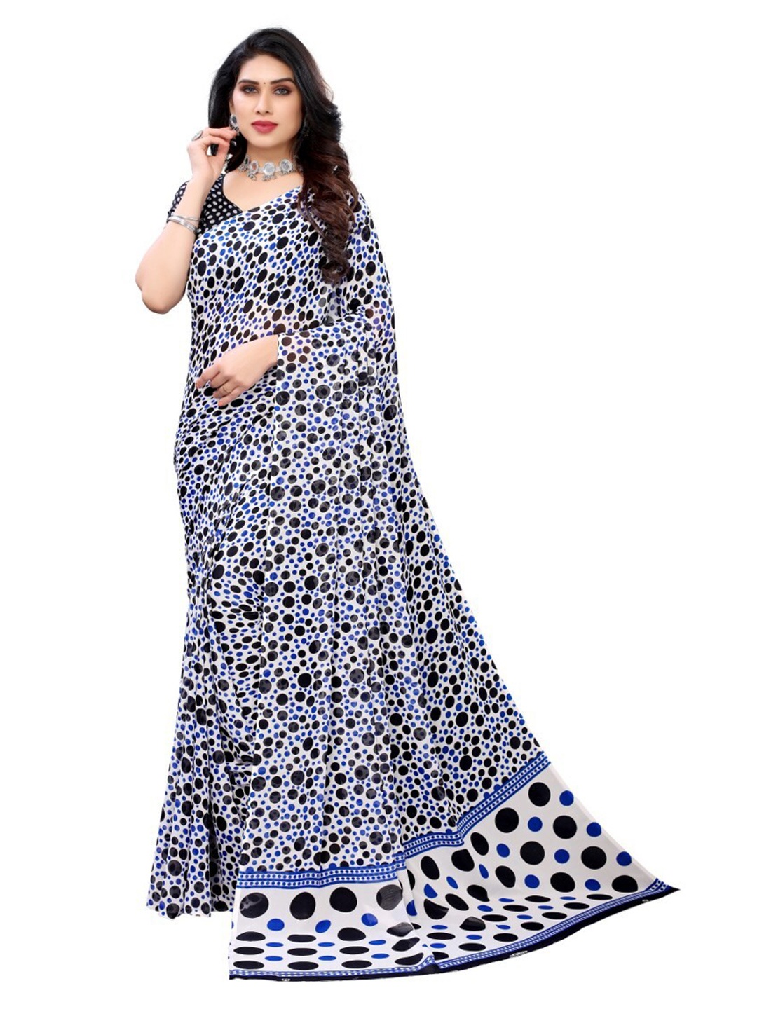 

Yashika Blue & White Geometric Printed Saree