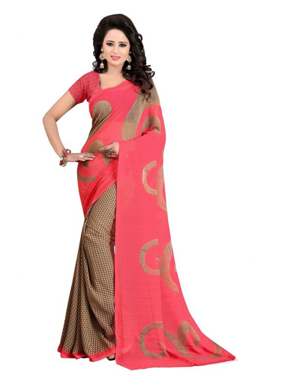 

Yashika Red & Beige Half and Half Printed Saree