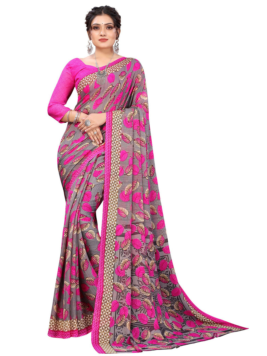 

Yashika Pink & Grey Floral Printed Saree