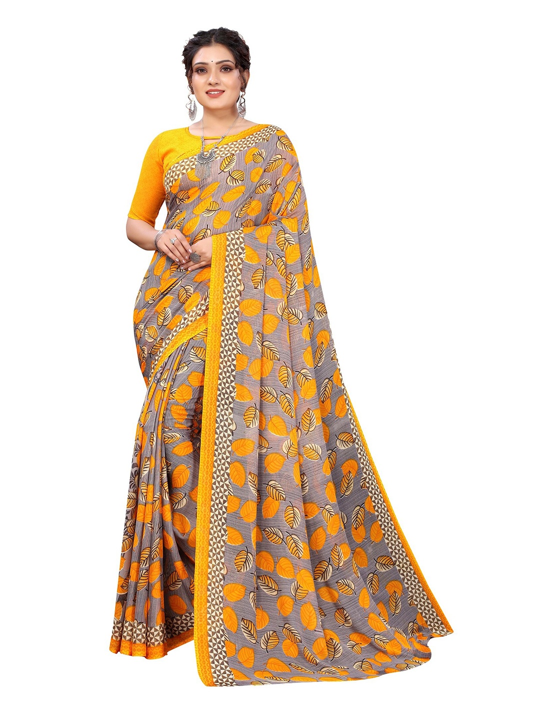 

Yashika Yellow & Grey Floral Georgette Saree