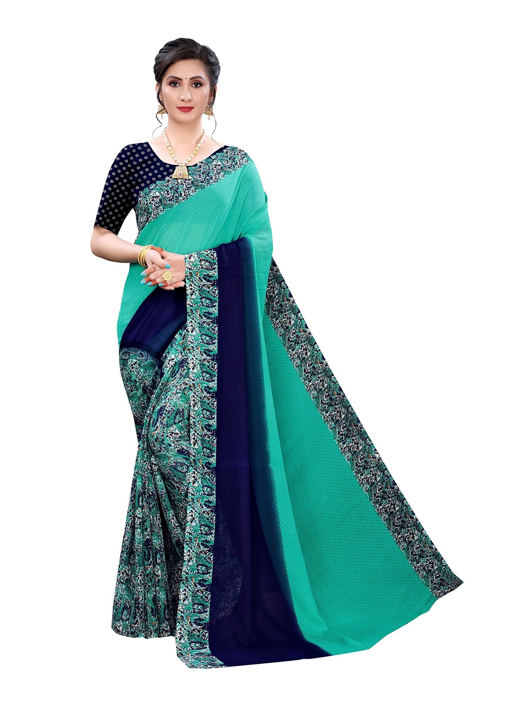 

Yashika Green & Navy Blue Floral Printed Saree