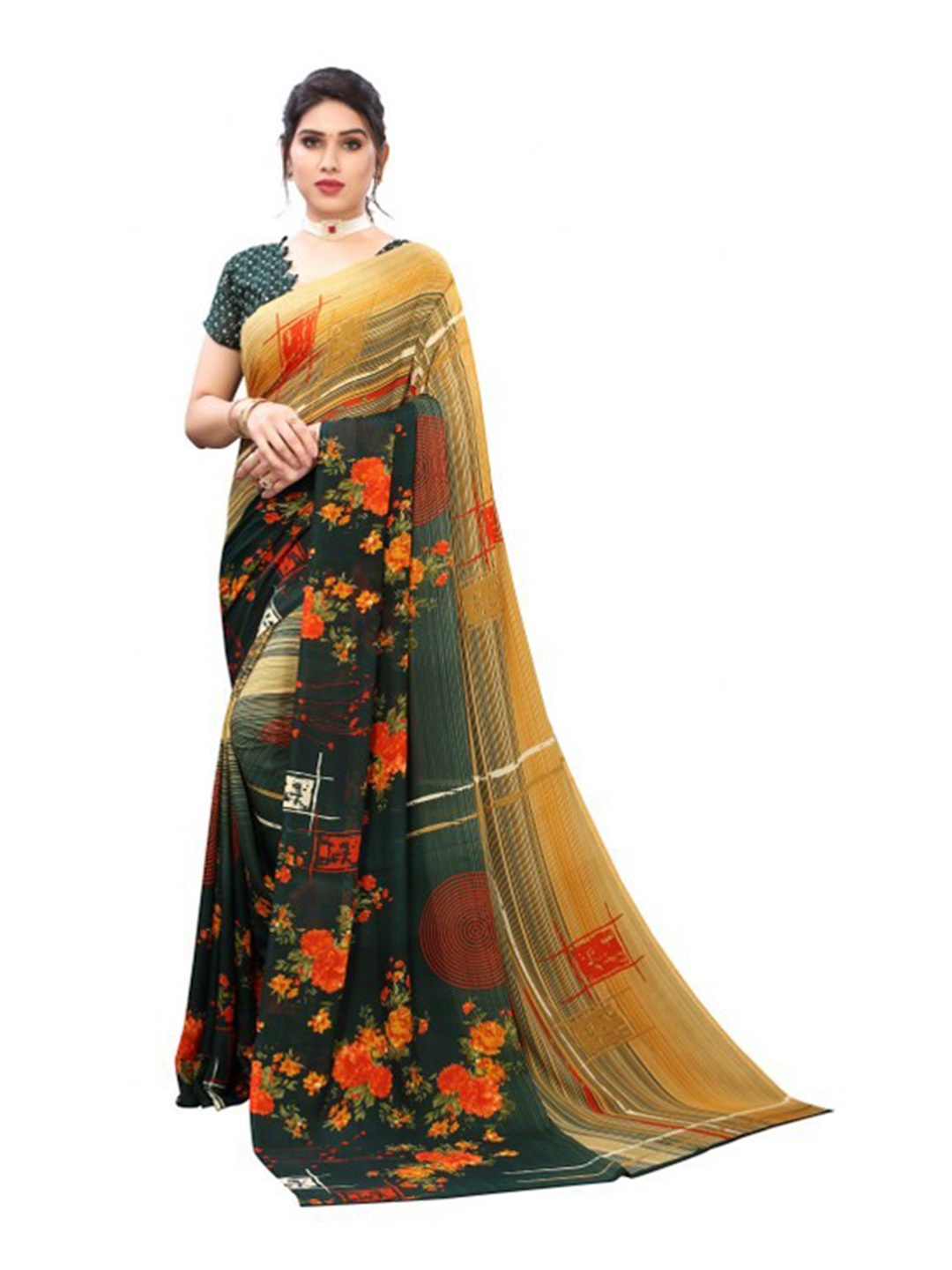 

Yashika Green & Beige Floral Printed Saree