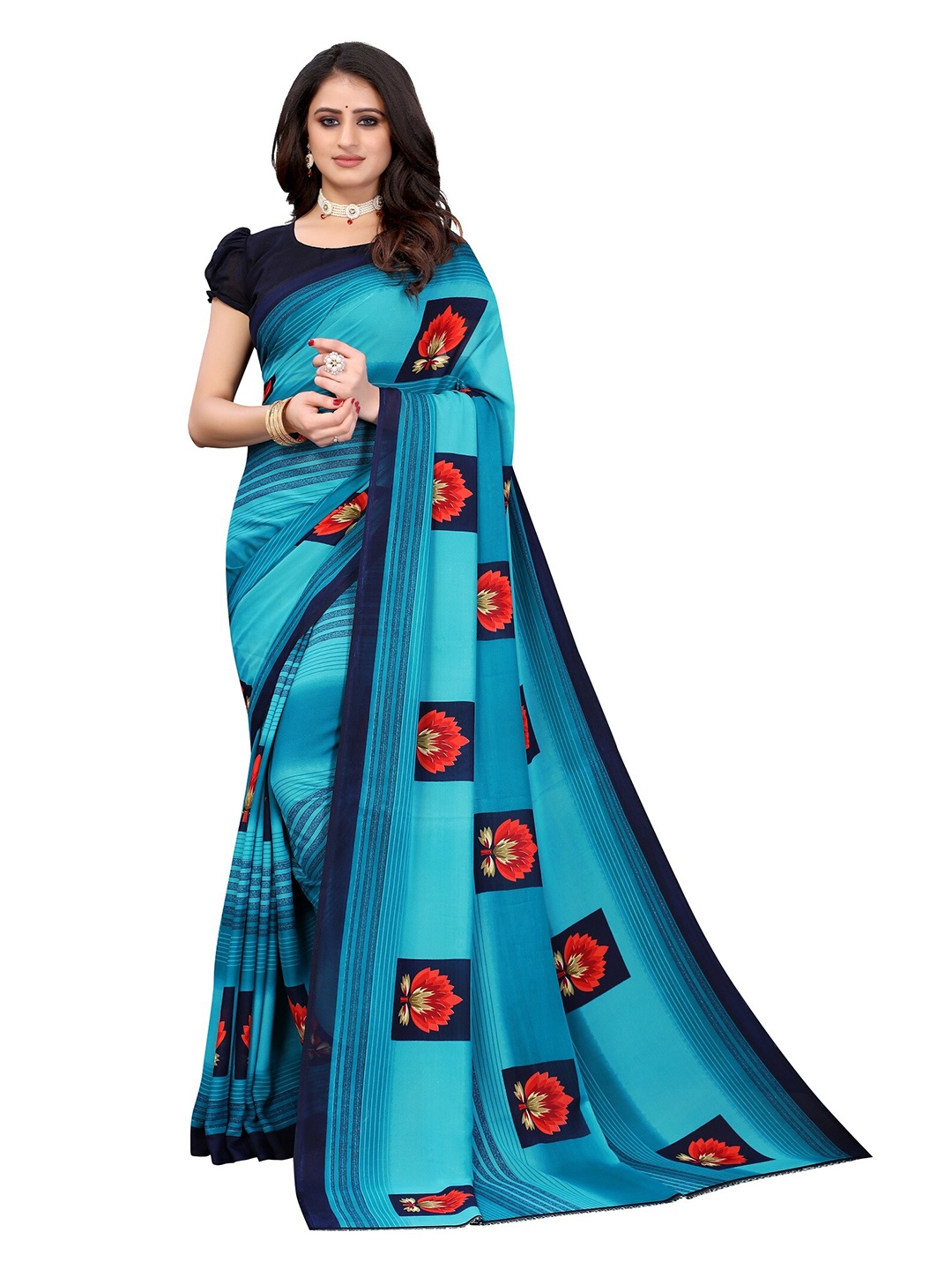 

Yashika Turquoise Blue & Red Floral Saree