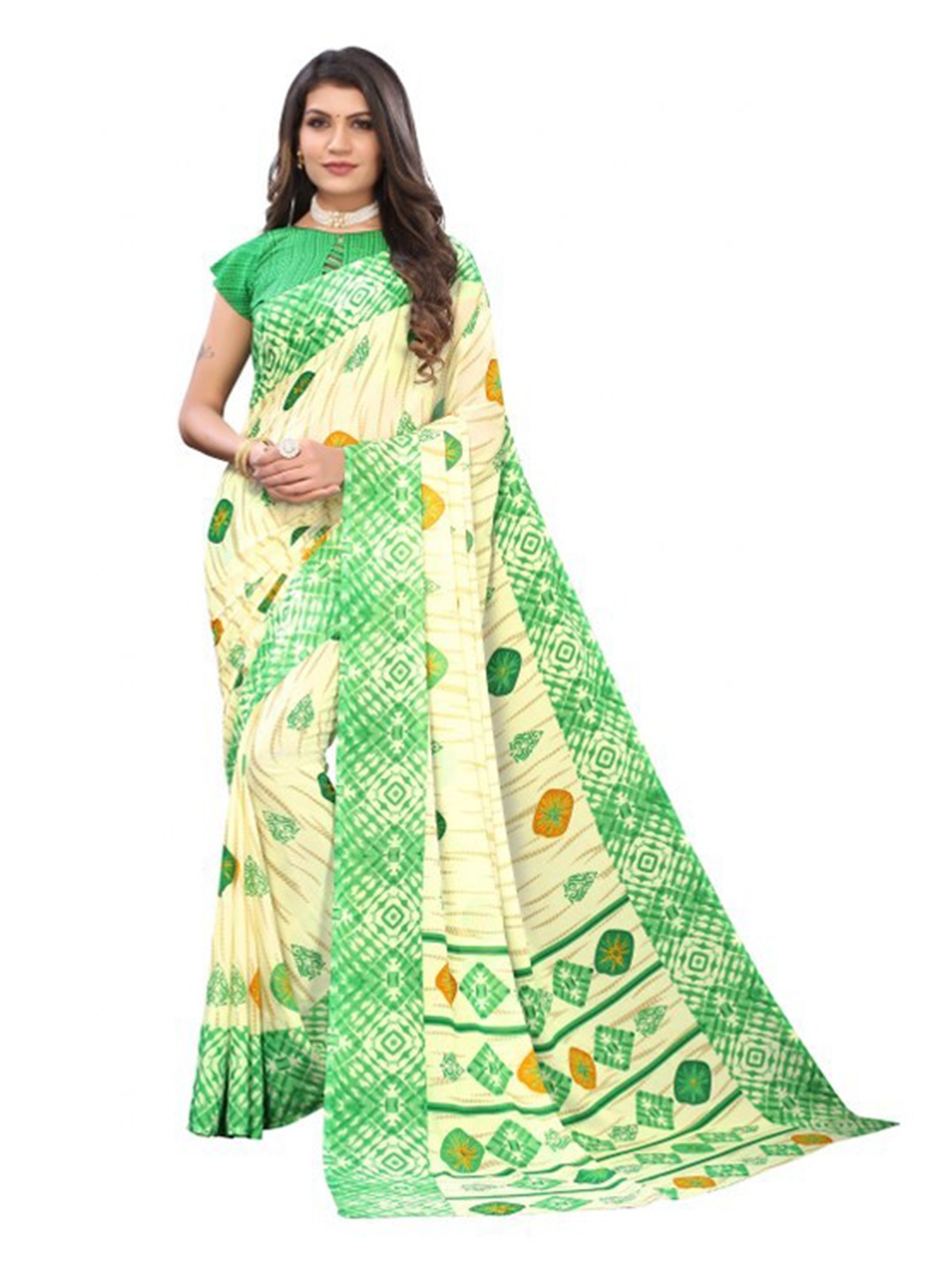 

Yashika Green & Cream-Coloured Floral Printed Saree