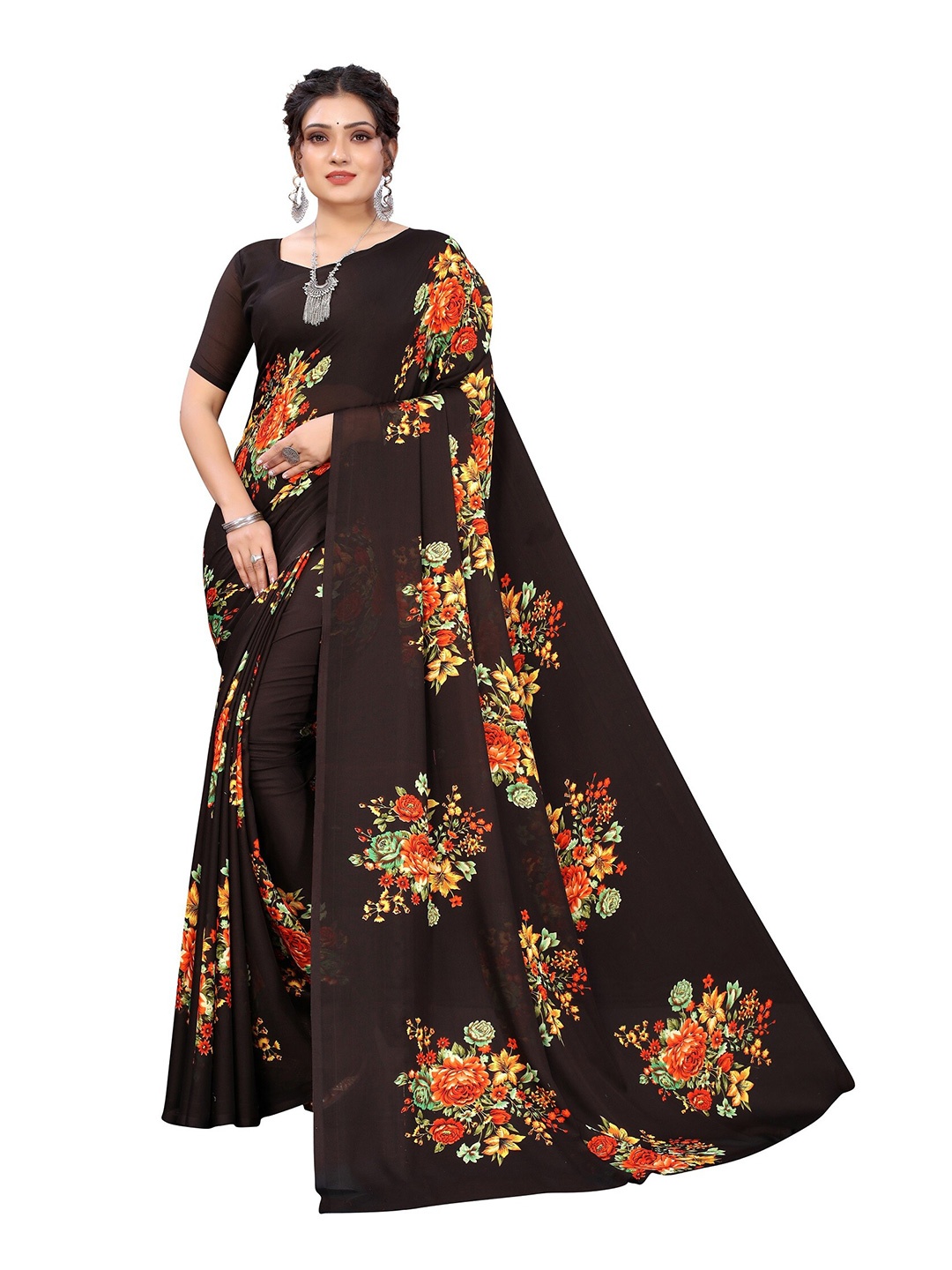 

Yashika Brown & Orange Floral Georgette Saree