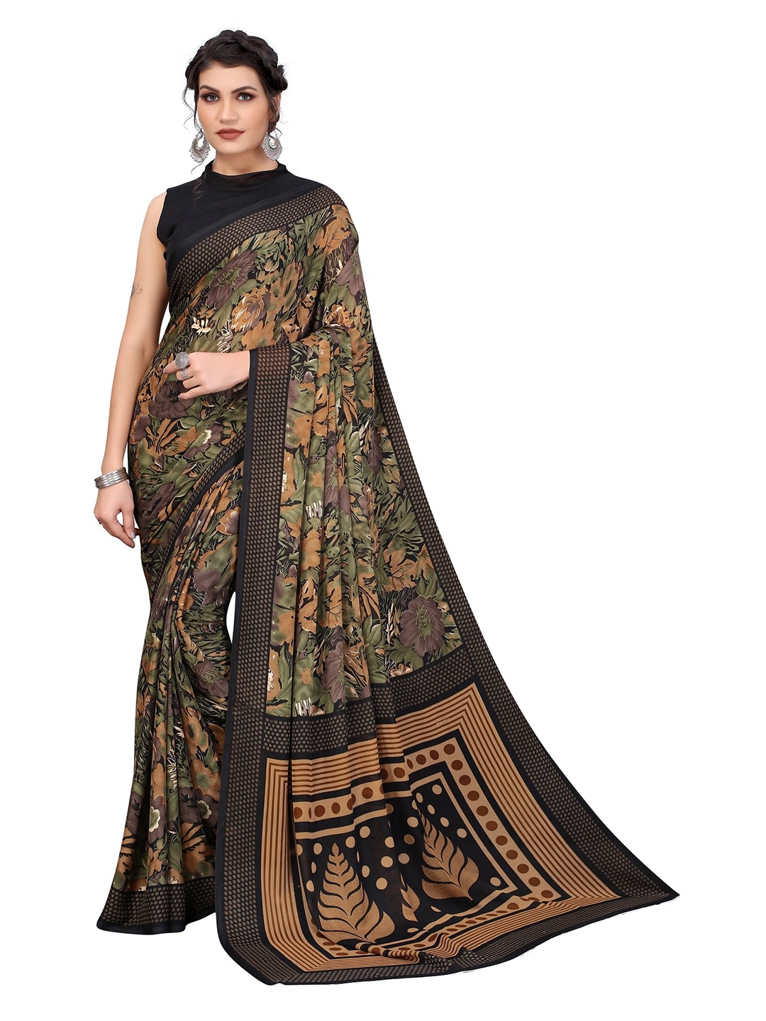 

Yashika Black & Green Floral Printed Saree
