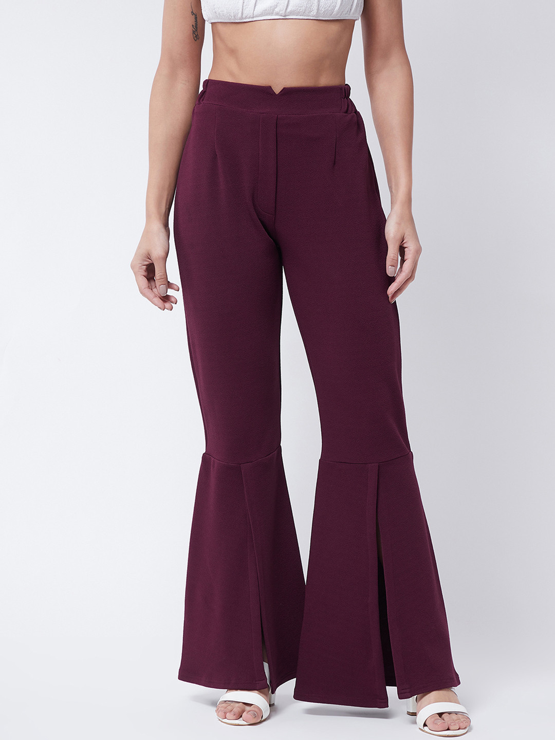 

Purple Feather Women Burgundy Flared Bootcut High-Rise Trousers