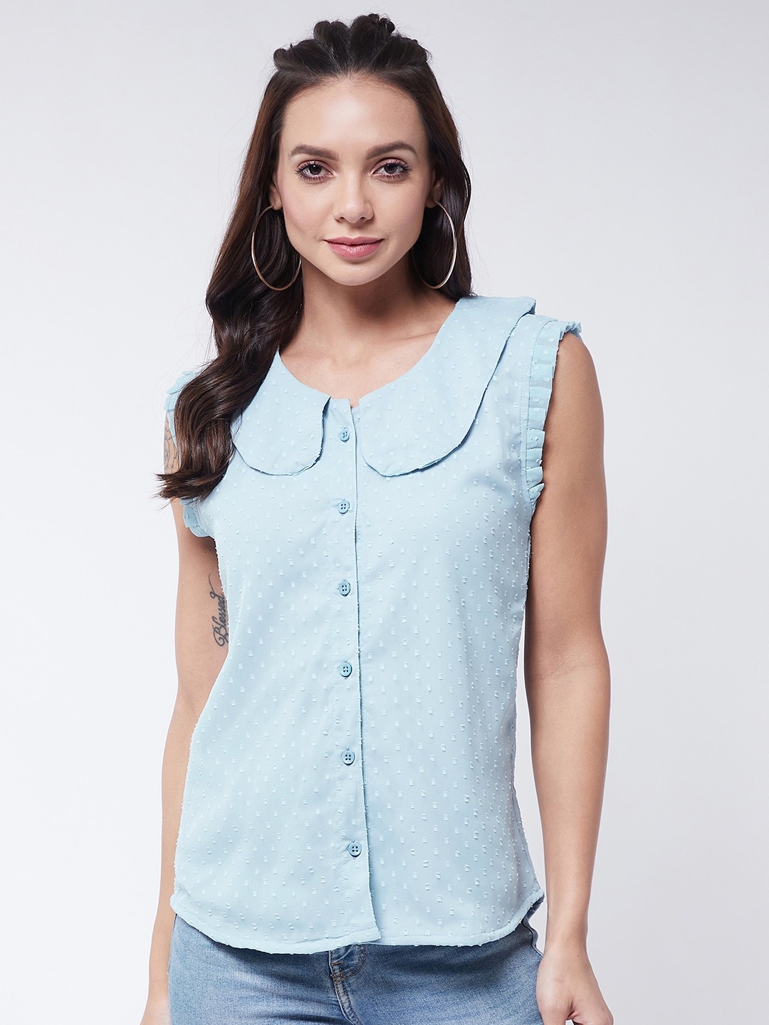 

Purple Feather Women Blue Peter Pan Collar Georgette Shirt Style Top