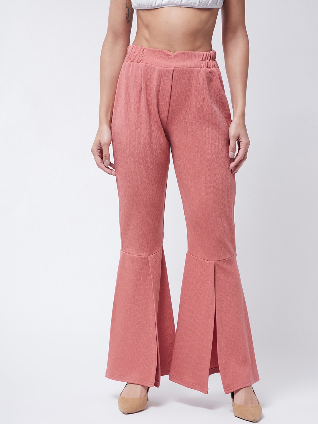 

Purple Feather Women Peach-Coloured Smart Flared High-Rise Trousers